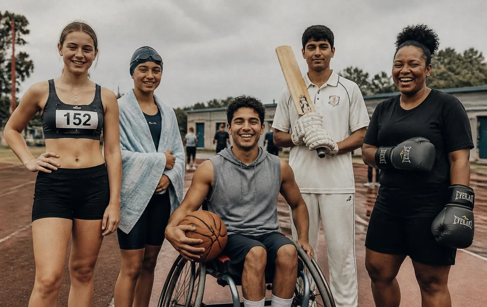 A mixed group of athletes from different sports standing together at a community track