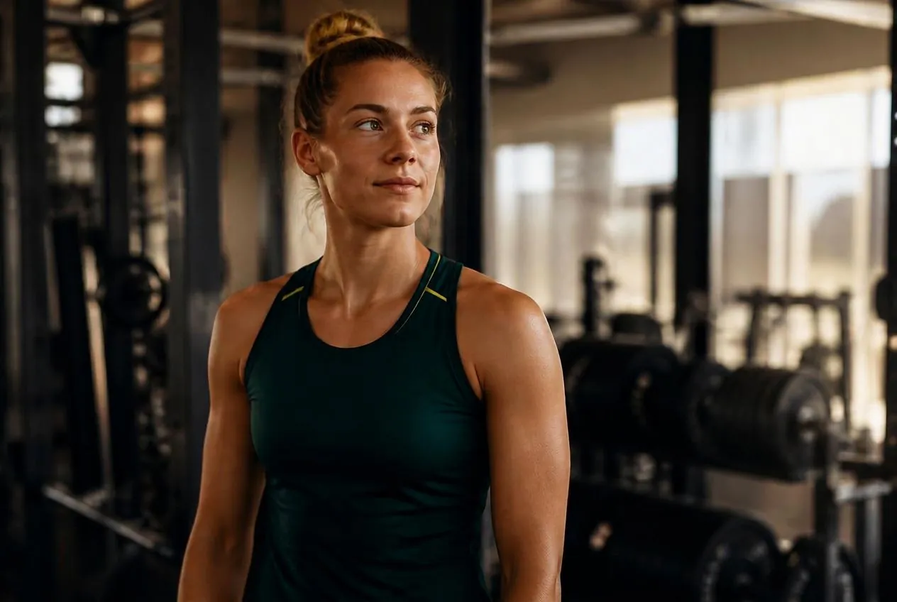 A female athlete in a dark green training singlet standing in a gym, looking ahead