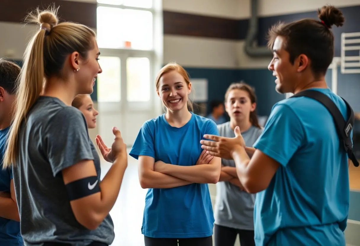 Athlete speaking with a small group at a community session