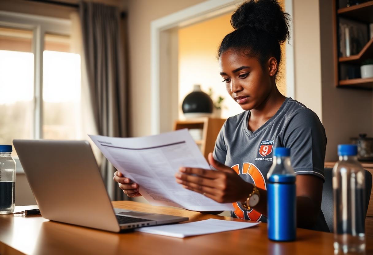 Athlete reviewing a sponsorship proposal at a desk