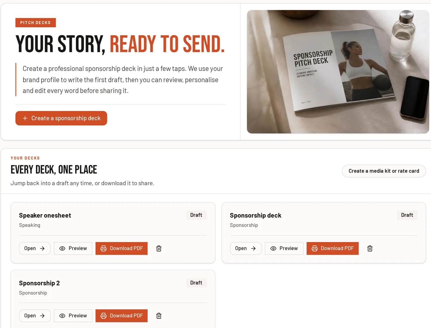 The Pitch Decks screen in Known, showing saved sponsorship and speaker decks ready to download